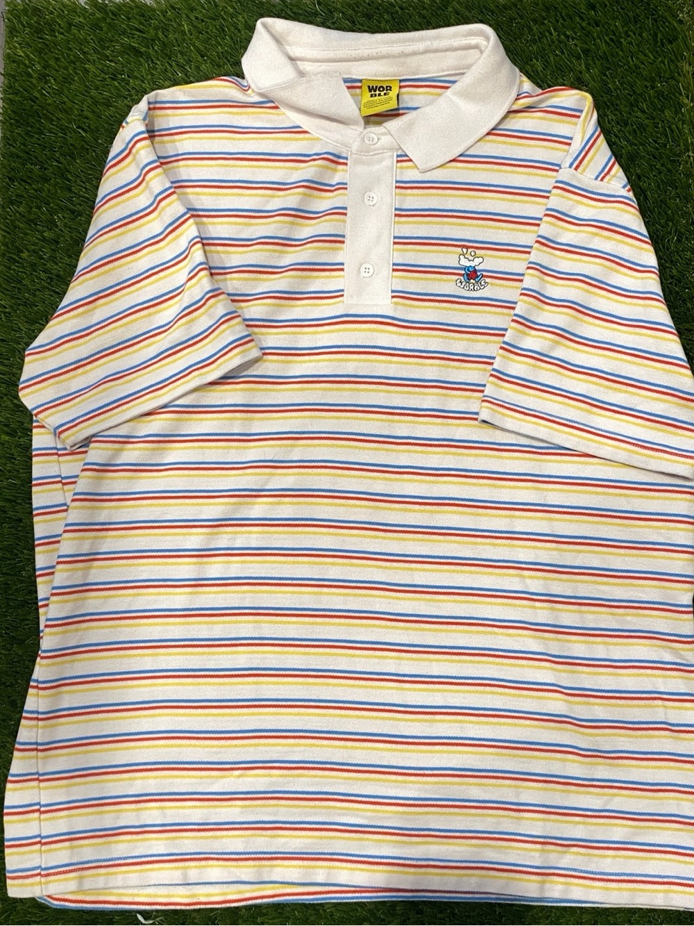 Worble Men's L White/Multicolor Striped Cookie Monster Polo Shirt Short Sleeve